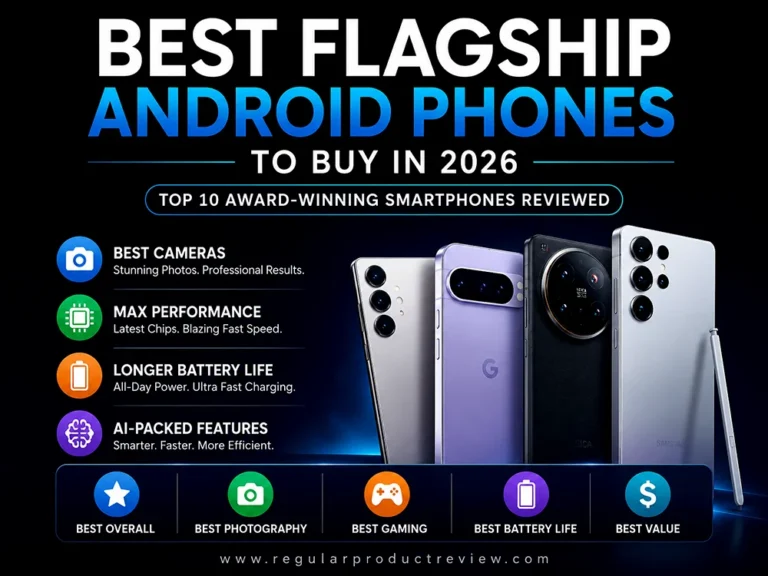 Best Flagship Android Phones buying guide banner featuring top premium Android smartphones with bold modern design highlighting cameras, performance, battery life, AI features, gaming, and value.