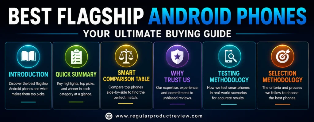 Modern banner introducing the best flagship Android phones buying guide with sections for introduction, quick summary, smart comparison table, testing methodology, selection methodology, and trusted review process.