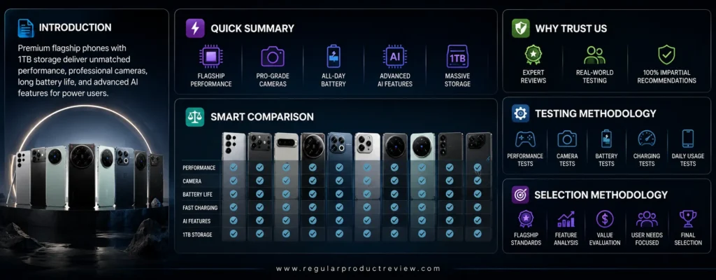 Best flagship phones with 1TB storage comparison guide featuring premium smartphones, AI features, camera performance, battery life, and testing methodology.