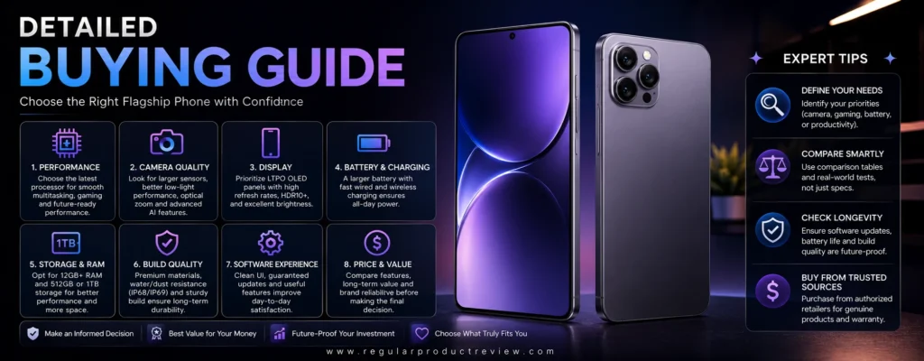 Detailed buying guide banner for the best flagship phones with 1TB storage, highlighting key factors including performance, camera quality, battery life, display, software support, and value.