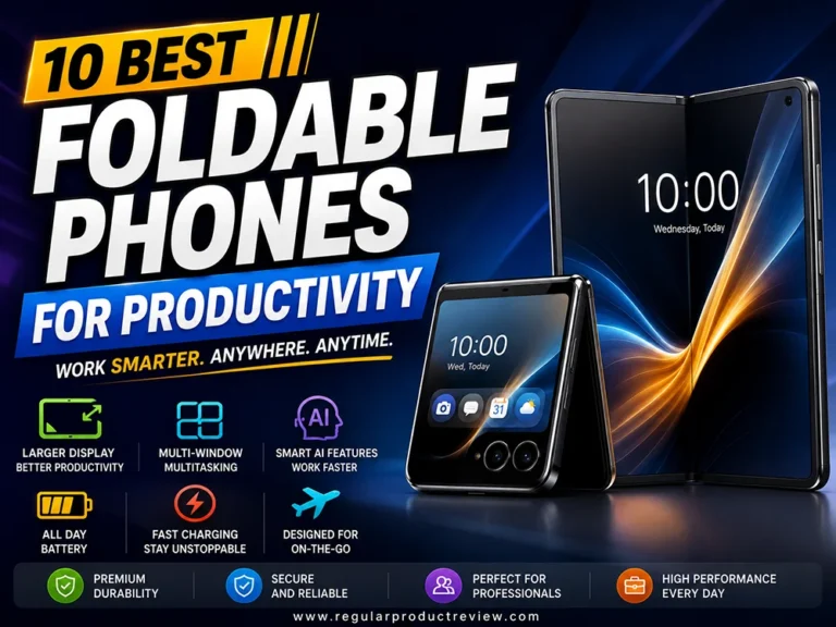 Best foldable phones for productivity featuring a modern foldable smartphone design with bold productivity-focused graphics, AI features, multitasking, long battery life, and fast charging.