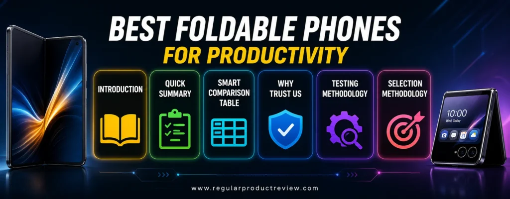 Modern hero banner for the Best Foldable Phones for Productivity guide featuring premium foldable smartphones and highlighted sections including Introduction, Quick Summary, Smart Comparison Table, Why Trust Us, Testing Methodology, and Selection Methodology.