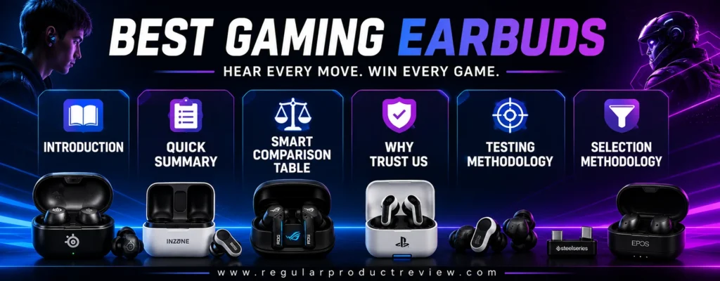 Modern hero banner for the Best Gaming Earbuds buying guide featuring bold section icons for Introduction, Quick Summary, Smart Comparison Table, Why Trust Us, Testing Methodology, and Selection Methodology with premium gaming earbuds on a futuristic neon background.