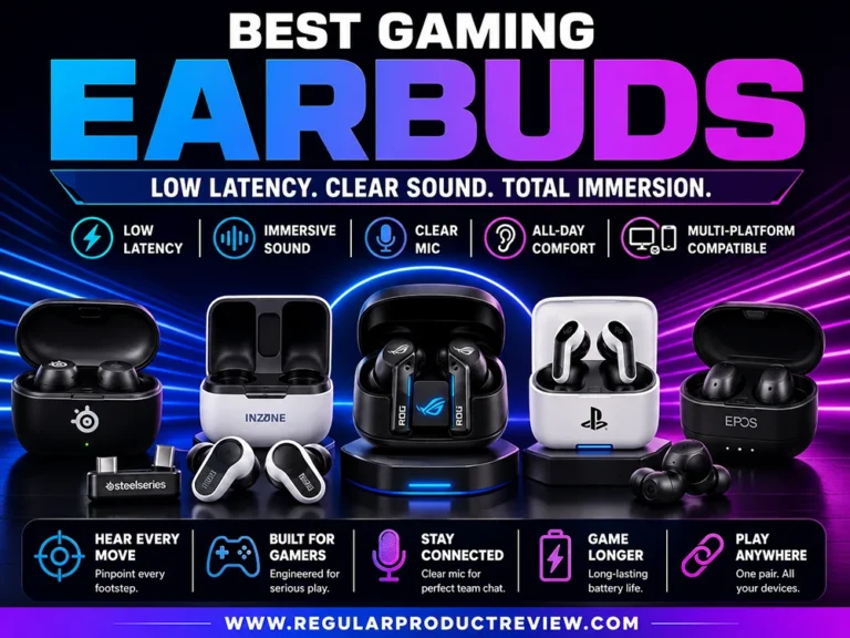 Modern comparison banner featuring the best gaming earbuds, including wireless and wired models with bold icons highlighting low latency, immersive sound, clear microphone quality, all-day comfort, and multi-platform compatibility.