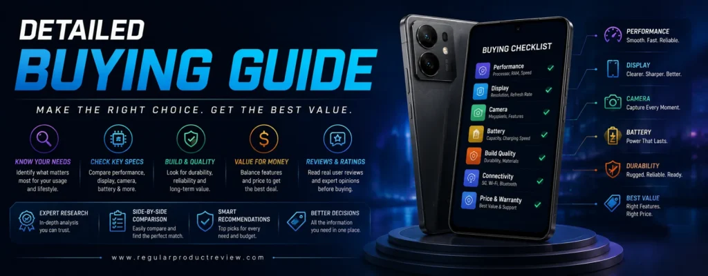 A premium hero banner illustrating a smartphone buying guide with bold typography, a mobile buying checklist, feature comparison icons, and a futuristic blue technology background.