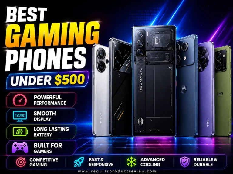 A premium thumbnail showcasing the best gaming phones under $500 with multiple modern smartphones, bold typography, gaming feature icons, and a futuristic neon technology background.