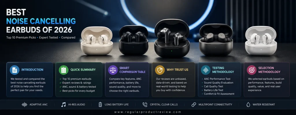Best Noise Cancelling Earbuds of 2026 comparison featuring premium wireless ANC earbuds, expert testing, buying guide, and product comparison overview.