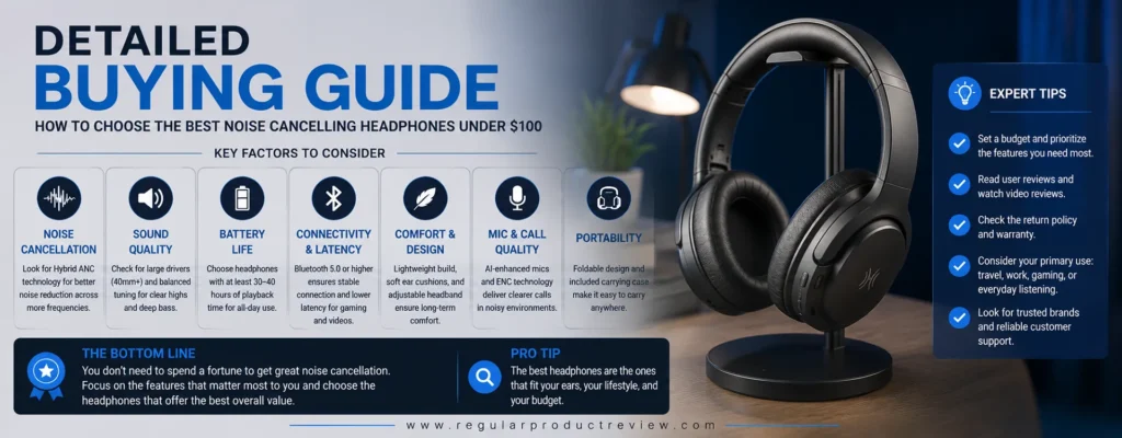 Detailed buying guide for choosing the best noise cancelling headphones under $100, featuring Hybrid ANC, sound quality, battery life, comfort, Bluetooth connectivity, and travel-friendly design.