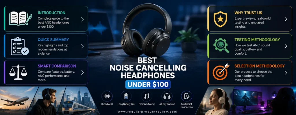 Introduction banner for the best noise cancelling headphones under $100 featuring quick summary, comparison table, buying guide, testing methodology, and top budget ANC headphones.