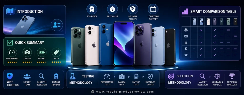 Best Refurbished iPhones Under $400 introduction banner featuring Apple iPhone 15, iPhone 14 Pro, iPhone 14, iPhone 13 Pro, comparison table, buying guide, testing methodology, and expert recommendations for U.S. buyers.