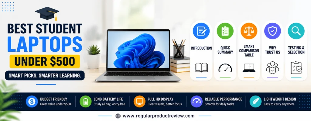 Best Student Laptops Under $500 buying guide banner featuring affordable Windows laptops and Chromebooks with key highlights including comparison, testing, battery life, and performance.