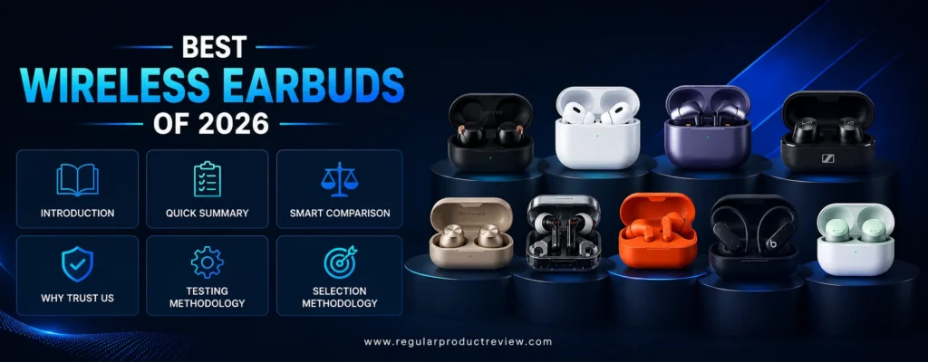 Best Wireless Earbuds of 2026 introduction banner featuring premium true wireless earbuds with comparison, testing methodology, and buying guide sections.