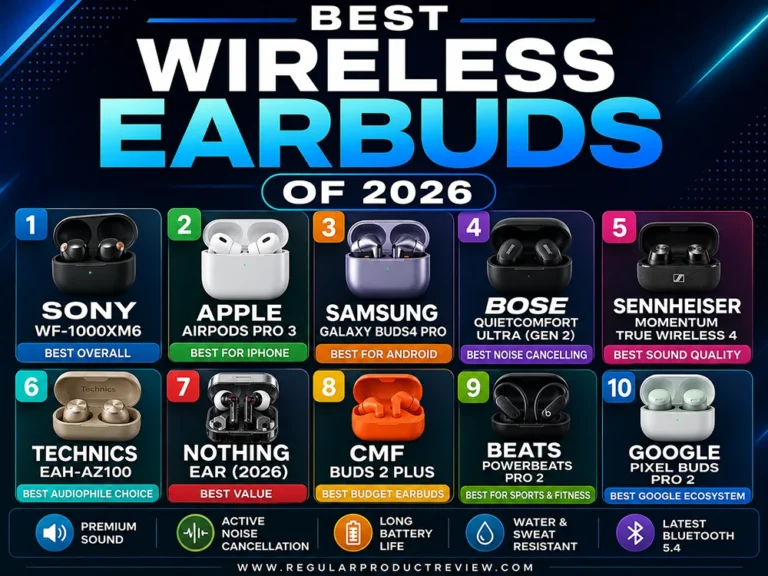 Best Wireless Earbuds of 2026 comparison banner featuring Sony WF-1000XM6, Apple AirPods Pro 3, Samsung Galaxy Buds4 Pro, Bose QuietComfort Ultra Gen 2, Sennheiser MOMENTUM True Wireless 4, Technics EAH-AZ100, Nothing Ear 2026, CMF Buds 2 Plus, Beats Powerbeats Pro 2, and Google Pixel Buds Pro 2.