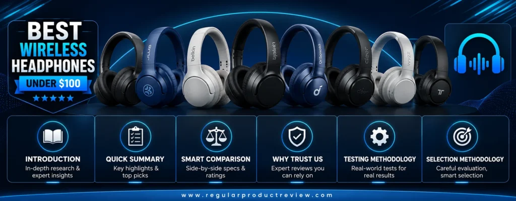 Modern buying guide banner featuring the best wireless headphones under $100 with bold icons representing introduction, quick summary, comparison, trust, testing, and selection methodology.