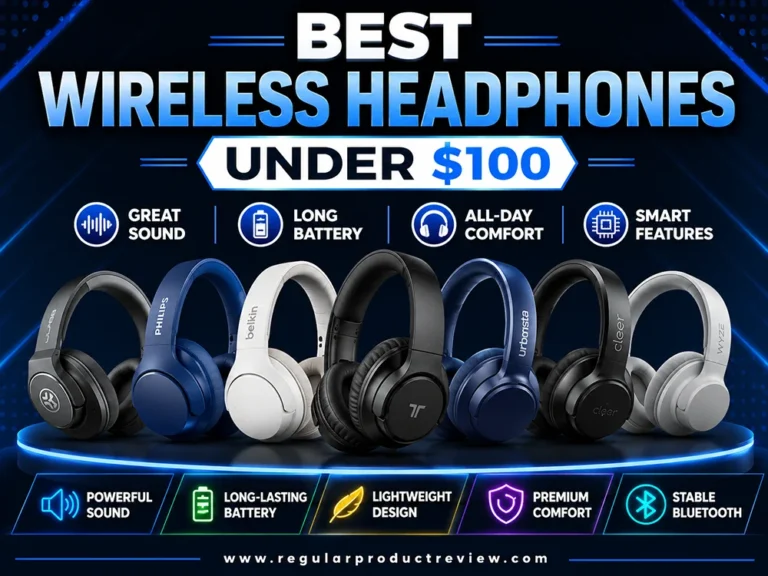 Modern comparison banner featuring the best wireless headphones under $100 with bold feature icons highlighting sound quality, battery life, comfort, and smart features.