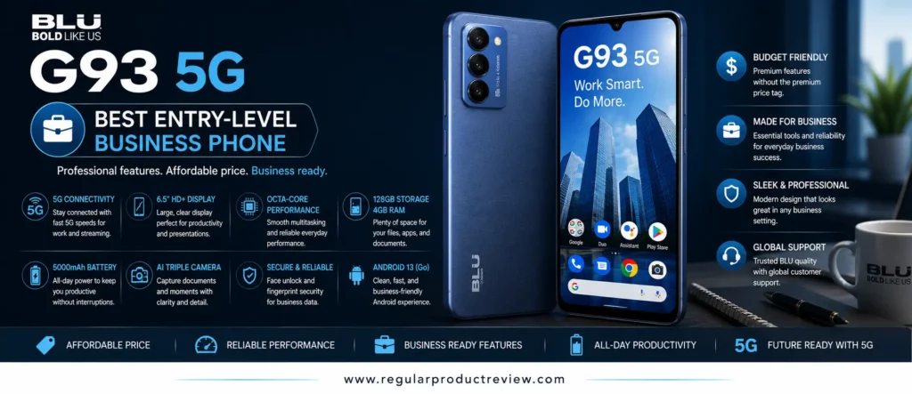 BLU G93 5G, the best entry-level business phone with reliable 5G performance, a large HD display, long battery life, and affordable productivity features for professionals.