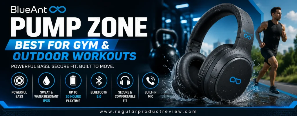 Modern hero banner featuring the BlueAnt Pump Zone wireless headphones with bold icons highlighting powerful bass, IPX5 sweat and water resistance, up to 30 hours of battery life, Bluetooth 5.0, secure comfortable fit, and built-in microphone.