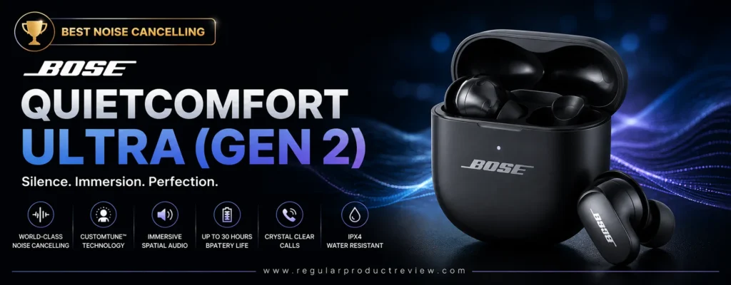 Bose QuietComfort Ultra Gen 2 Best Noise Cancelling wireless earbuds banner featuring world-class Active Noise Cancellation, immersive audio, long battery life, crystal-clear calls, and IPX4 water resistance.