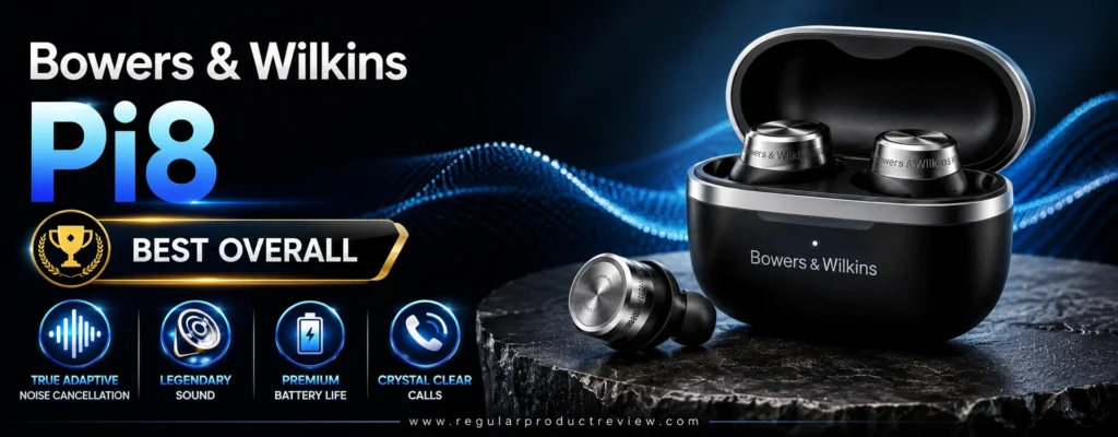 Bowers & Wilkins Pi8 wireless earbuds with Adaptive Active Noise Cancellation, premium sound quality, and luxury design, recognized as the best overall noise cancelling earbuds.