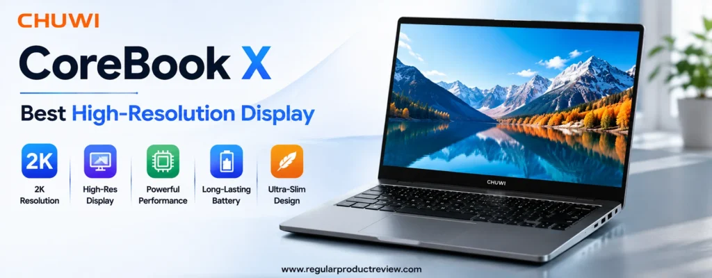 Chuwi CoreBook X featured in a modern hero banner highlighting its 2K high-resolution display, powerful performance, long-lasting battery, and ultra-slim design.