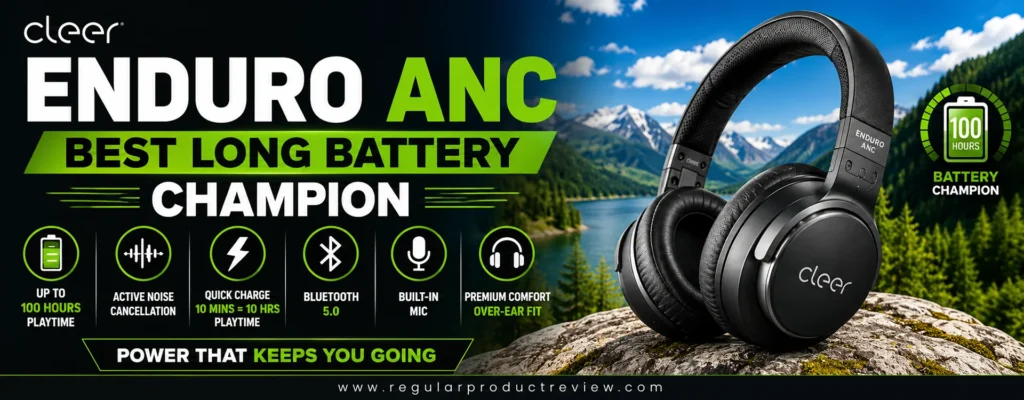 Modern hero banner featuring the Cleer Enduro ANC wireless headphones with bold icons highlighting up to 100 hours of battery life, Active Noise Cancellation, quick charging, Bluetooth 5.0, built-in microphone, and premium over-ear comfort.