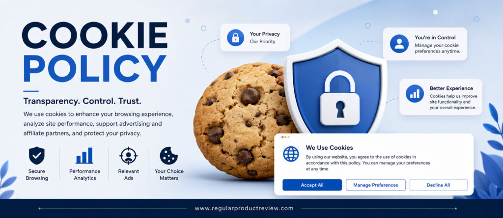 Cookie Policy banner for Regular Product Review explaining website cookies, privacy protection, analytics, advertising, affiliate tracking, and user cookie preferences.