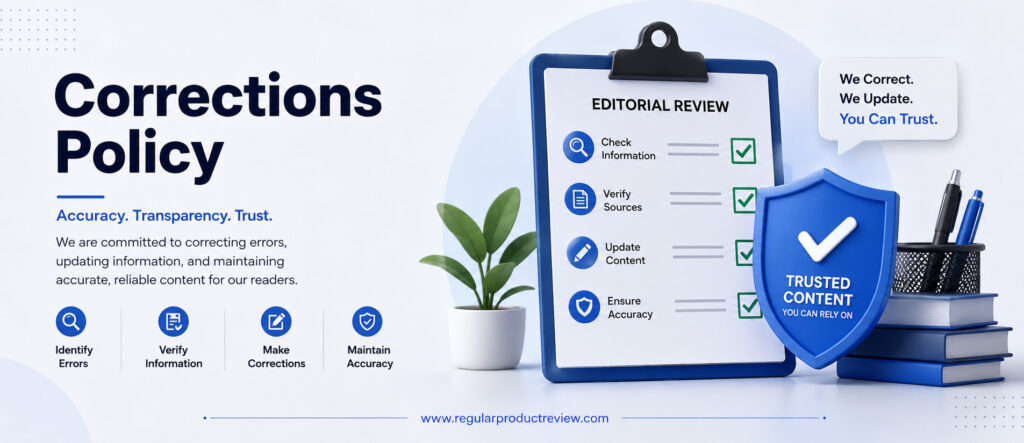 Corrections Policy banner illustrating Regular Product Review's editorial correction process, content verification, accuracy standards, transparency, and commitment to trustworthy product recommendations.