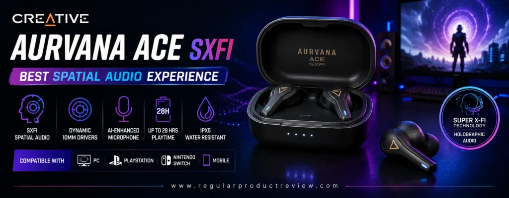 Creative Aurvana Ace SXFI gaming earbuds promotional banner featuring the wireless earbuds, charging case, and bold highlights for Super X-Fi spatial audio, immersive gaming sound, AI-enhanced microphone, long battery life, IPX5 water resistance, and multi-platform compatibility.