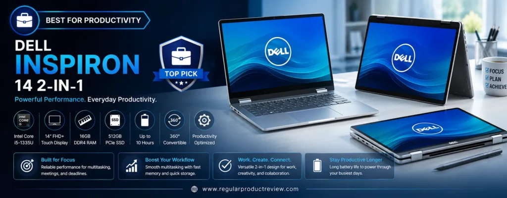 Dell Inspiron 14 2-in-1 convertible laptop featuring a Full HD+ touchscreen, AMD Ryzen 7 processor, 16GB RAM, 1TB SSD, and a 360-degree hinge, recognized as the best productivity 2-in-1 laptop under $1000.