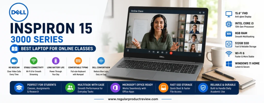 Dell Inspiron 15 3000 Series featured as the best laptop for online classes with a 15.6-inch Full HD display, Intel Core i3 processor, 8GB RAM, 512GB SSD, Wi-Fi 6, and Windows 11 Home.