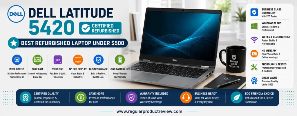 Dell Latitude 5420 Certified Refurbished featured as the best refurbished laptop under $500 with an Intel Core i5 processor, 16GB RAM, 512GB SSD, business-grade durability, and Windows 11 Pro.