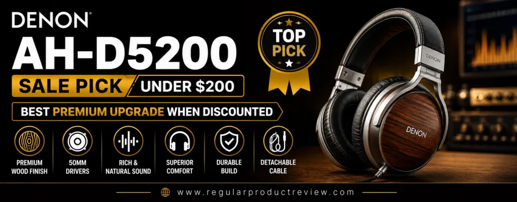 Denon AH-D5200 premium closed-back audiophile headphones featured as the best premium upgrade when discounted, showcasing real wood ear cups, rich natural sound, superior comfort, and detachable cable.