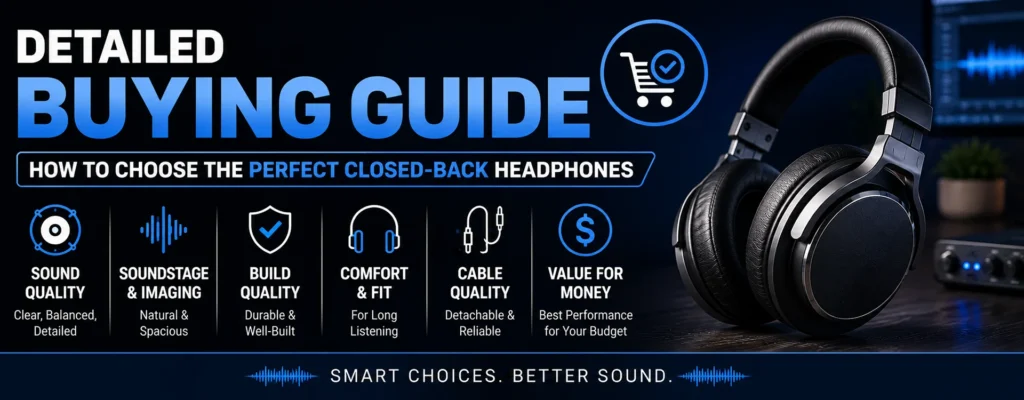 Detailed buying guide banner for choosing the best audiophile headphones under $200, highlighting sound quality, soundstage, build quality, comfort, cable quality, and value for money.