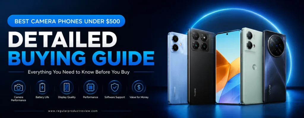 Detailed Buying Guide banner for the best camera phones under $500 featuring premium smartphones, camera buying tips, AI photography, battery life, display quality, and expert recommendations.