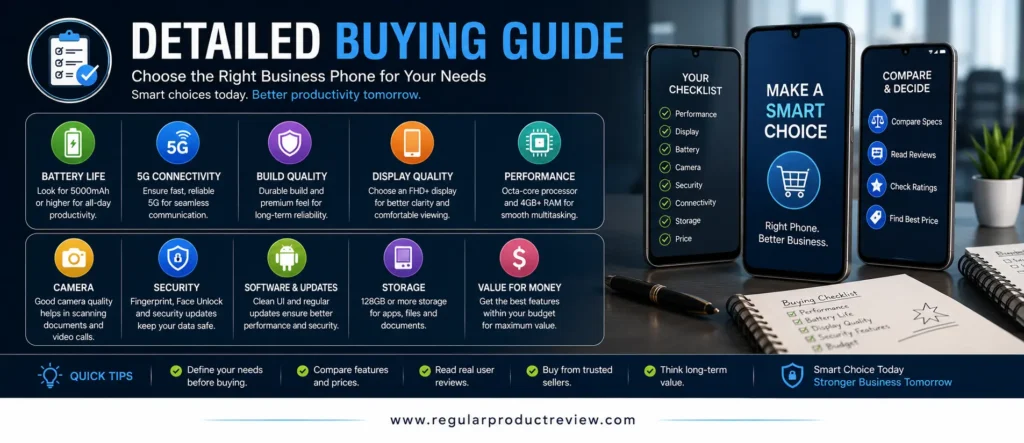 Detailed buying guide for choosing the best budget phones for business users based on performance, battery life, display, security, software support, and overall value.