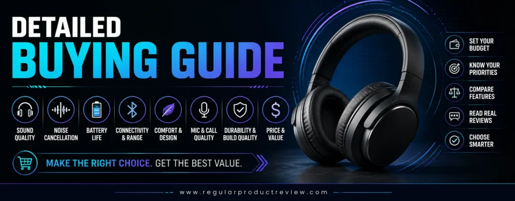 Modern Detailed Buying Guide banner featuring premium wireless headphones with bold icons highlighting sound quality, noise cancellation, battery life, Bluetooth connectivity, comfort, microphone quality, durability, and overall value.
