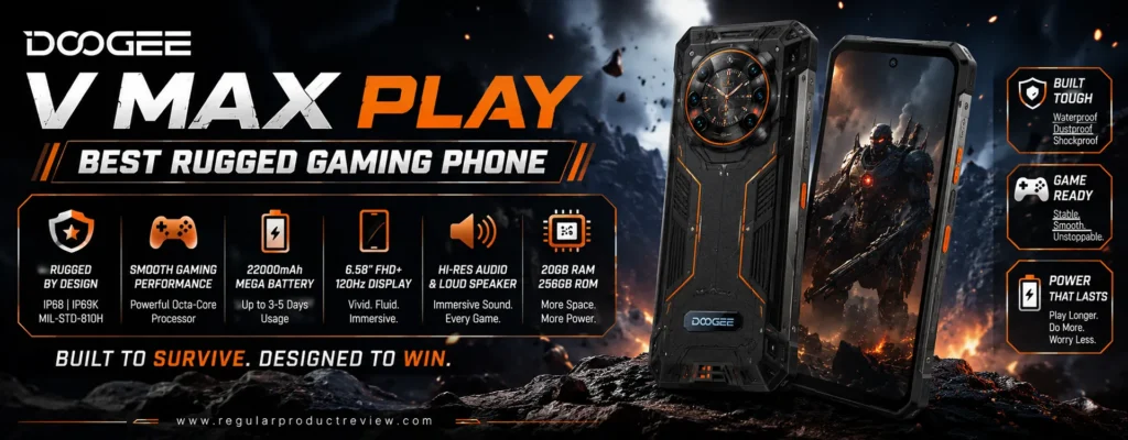 A premium hero banner featuring the DOOGEE V Max Play rugged smartphone with a futuristic black and orange industrial theme, bold typography, rugged gaming feature icons, and a high-tech battlefield-inspired background.