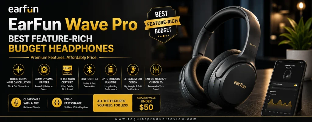 EarFun Wave Pro wireless headphones with Hybrid Active Noise Cancellation, LDAC Hi-Res Audio, Bluetooth 5.4, Multipoint Connection, and up to 80-hour battery life — Best Feature-Rich Budget Headphones Under $50.