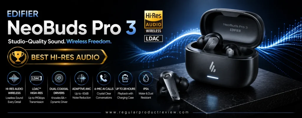 Edifier NeoBuds Pro 3 wireless earbuds featuring Hi-Res Audio Wireless, LDAC, Adaptive Active Noise Cancellation, hybrid dual drivers, and premium sound quality.