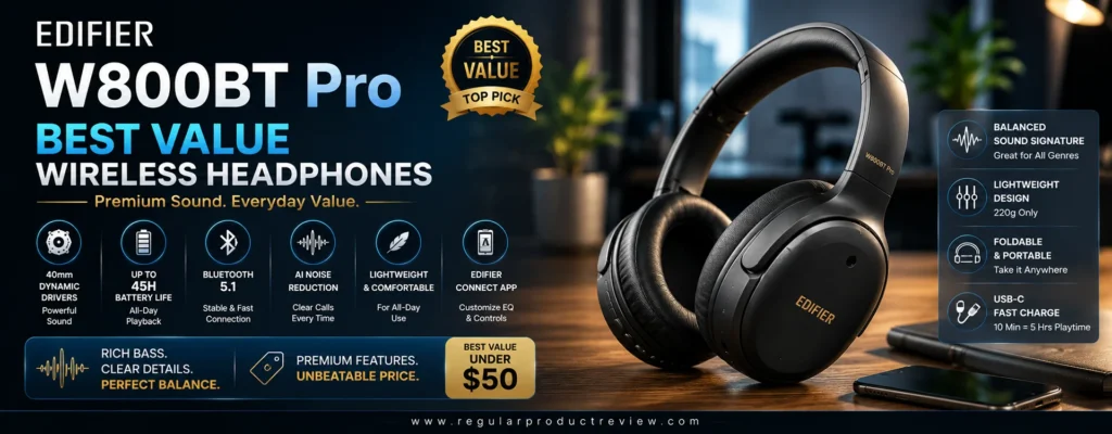 Edifier W800BT Pro wireless headphones with Hybrid Active Noise Cancellation, Hi-Res Audio, LDAC support, Bluetooth 5.4, and long battery life — Best Value Wireless Headphones Under $50.