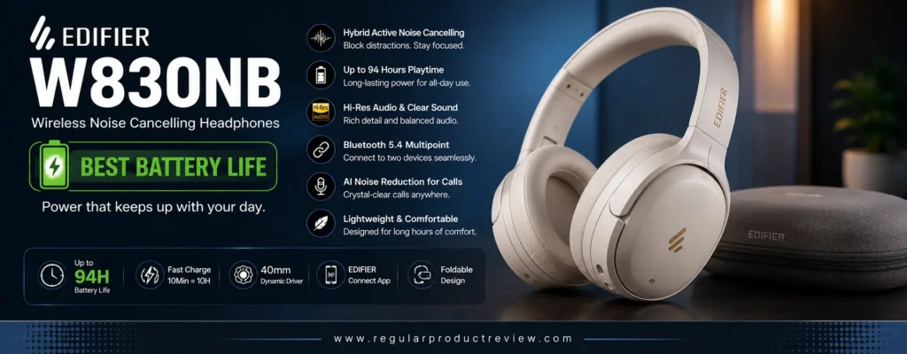 Edifier W830NB wireless noise cancelling headphones with Hybrid ANC, Hi-Res Audio, Bluetooth 5.4, LDAC, and up to 94 hours of battery life under $100.