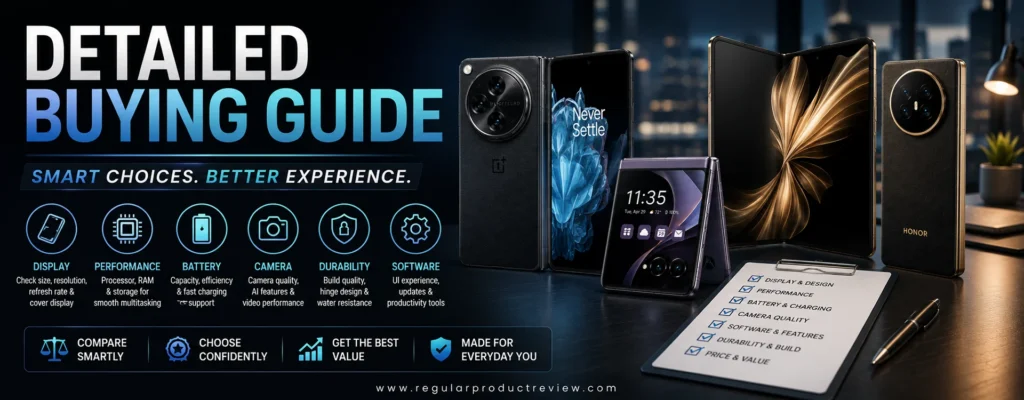 Detailed buying guide for foldable phones highlighting display quality, performance, battery life, camera system, durability, software features, and key factors to compare before buying.