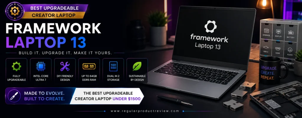 Framework Laptop 13 modular creator laptop featuring an AMD Ryzen AI processor, high-resolution 3:2 display, upgradeable RAM and SSD, customizable expansion ports, and repair-friendly design, recognized as the best upgradeable creator laptop under $1500.