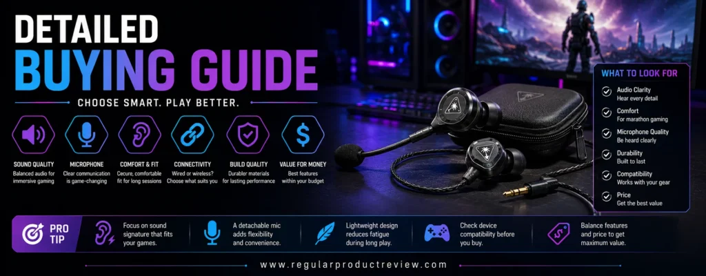 Modern gaming earbuds buying guide banner featuring premium wired gaming earbuds, bold feature icons for sound quality, microphone, comfort, connectivity, durability, and value, alongside a gaming setup and expert buying checklist.