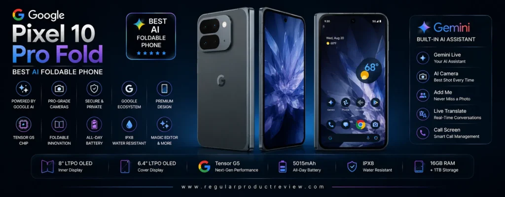 Google Pixel 10 Pro Fold premium foldable smartphone featuring Gemini AI, Tensor G6 performance, advanced Pixel cameras, large OLED displays, and intelligent productivity features, recognized as the best AI foldable phone.