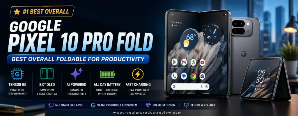 Google Pixel 10 Pro Fold featured as the best overall foldable phone for productivity with AI-powered performance, Tensor G5 chip, immersive OLED display, all-day battery life, and fast charging.