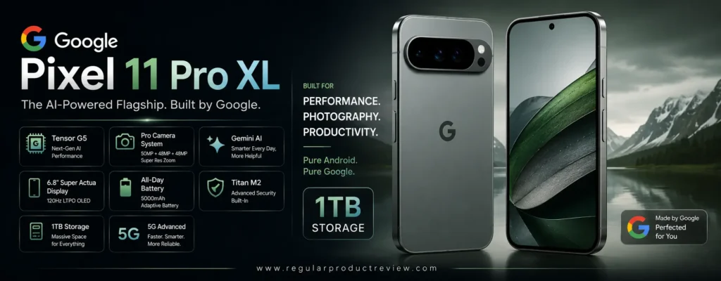 Google Pixel 11 Pro XL with official 1TB storage, featuring Google AI, Gemini, Tensor chipset, advanced triple-camera system, and a premium OLED display.