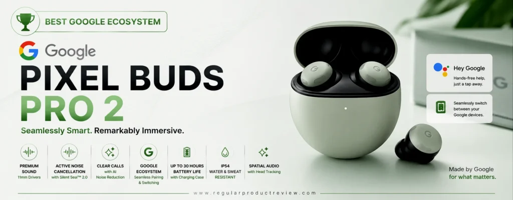 Google Pixel Buds Pro 2 Best Google Ecosystem wireless earbuds banner featuring premium sound, Adaptive Active Noise Cancellation, Google Assistant, Spatial Audio, 30-hour battery life, and IP54 water resistance.