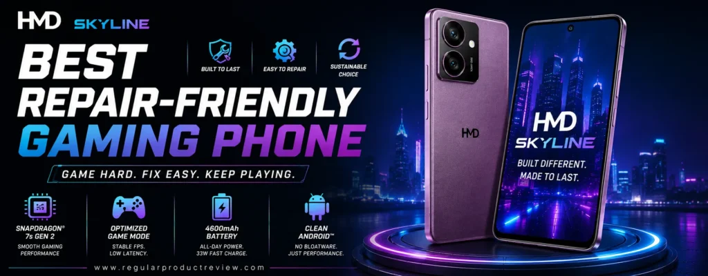 A premium hero banner featuring the HMD Skyline smartphone with a futuristic purple and cyan cyber theme, bold typography, repair-focused feature icons, and a modern technology-inspired background.