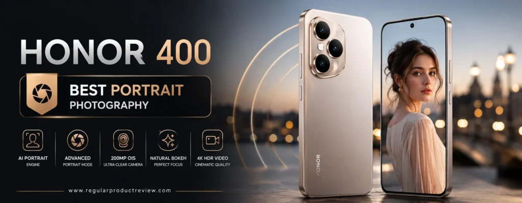 HONOR 400 Best Portrait Photography promotional banner featuring a premium smartphone design, AI-powered portrait camera, 200MP OIS camera, natural bokeh effects, and 4K HDR video recording.